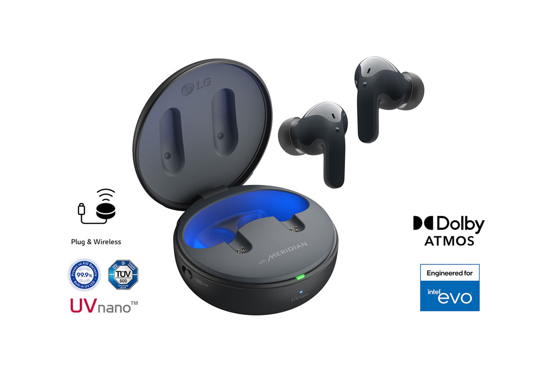 LG TONE Free T90 Dolby Atmos Earbuds - Black,  While the earbuds are in the air, light is emitted from the case, opening the cradle's lid. Plug and Wireless appear on the left, UVnano and Dolby Atmos logos on the right., TONE-T90Q