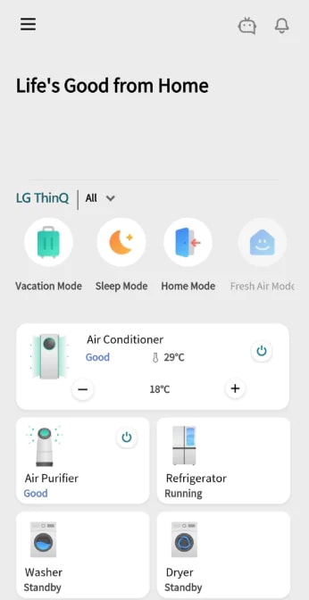 Image shows the LG ThinQ app screen