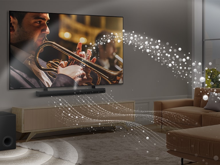 يظهر مكبر LG Soundbar وتلفزيون LG TV ومضخم صوت في شقة حديثة بالمدينة. يُصدر مكبر الصوت LG Soundbar ثلاثة فروع من الموجات الصوتية المصنوعة من قطرات بيضاء تطفو على طول الجزء السفلي من الأرض. تنطلق المزيد من الموجات الصوتية البيضاء من أعلى مكبر الصوت soundbar. بجوار مكبر الصورت Soundbar يوجد مضخم صوت يقوم بإنشاء تأثير صوتي من الأسفل. تُنشيء بشكل عام تأثير القبة في جميع أنحاء الغرفة.