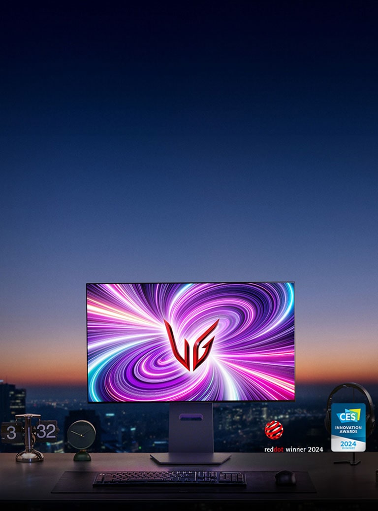 صورة تعرض إعداد الألعاب لشاشة الألعاب LG UltraGear OLED، طراز 32GS95UE.