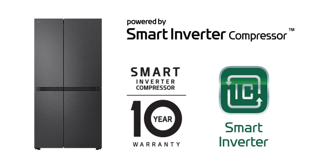 صورة المنتج مع شعار Smart Inverter Compressor™ وشعار الضمان لمدة 10 سنوات.