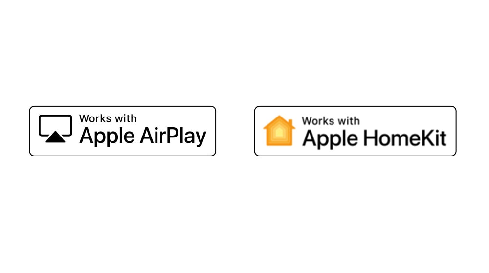 أربع شعارات مقدمة بالترتيب - مرحبًا جوجل، أليكسا المدمج، يعمل مع أبل ايربلاي، يعمل مع هوم كيت من أبل. 