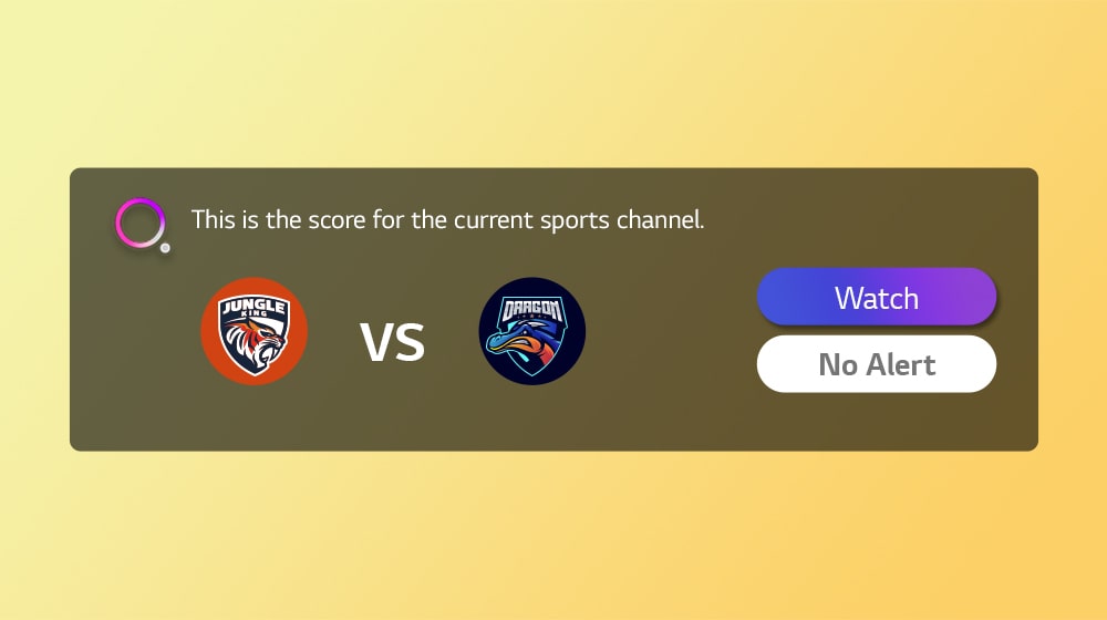 A sports alert graphical user interface displaying two sports team logos (Jungle King and Dragon) with two buttons to the right showing 