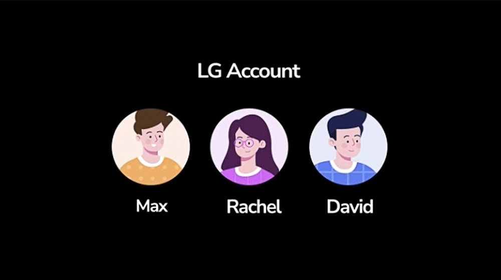 مشهد يظهر به صور توضيحية لثلاثة مستخدمين على حساب إل جي - الأسماء الموجودة أسفل كل وجه هي ماكس وراشيل وديفيد.