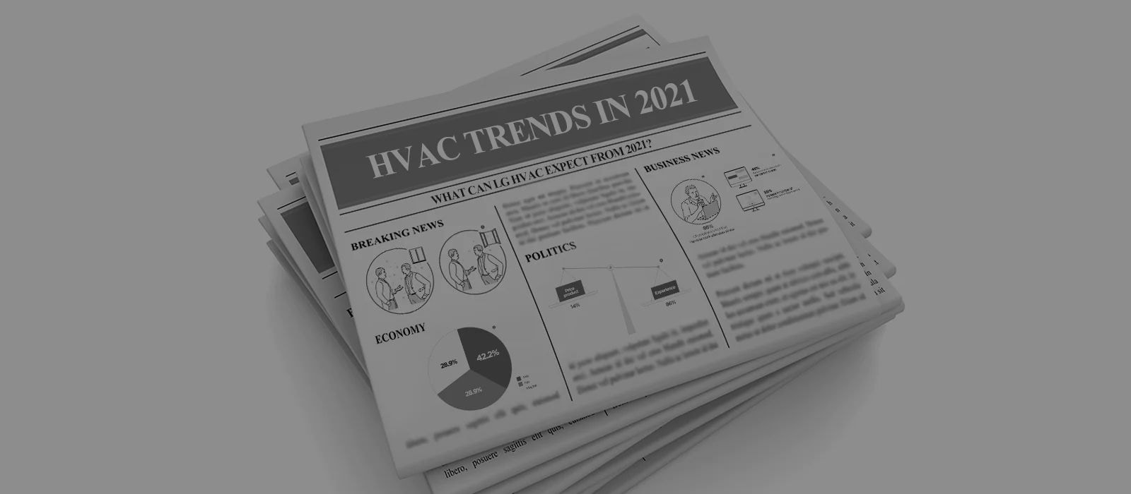 مجموعة من الصحف والمقال الرئيسي يتحدث عن اتجاهات أنظمة التدفئة والتهوية وتكييف الهواء (HVAC) في عام 2021. 