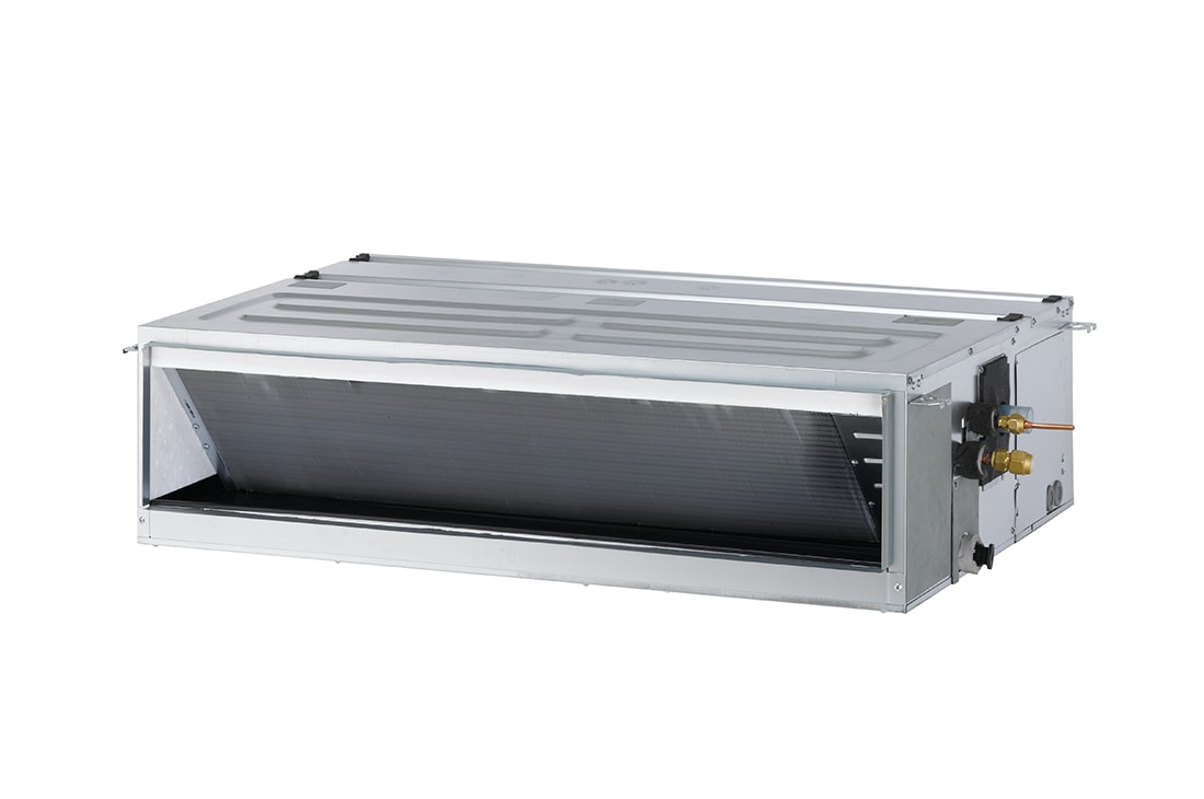 LG Ceiling Concealed Duct, Duct_I/D_Inverter_C/O (1Φ), 24kBtu, مكيف LG Ceiling Concealed Duct هو متوازي مستطيلات رمادي مع بعض مداخل الهواء على الجانب الأيمن وفتحة مخرج الهواء في الأمام., ABNQ24GM1T7 ANWTBHR + ABUQ24GM1T7 ANWTBHR