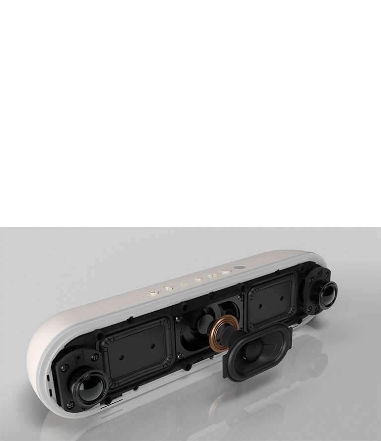 يتم وضع LG StanbyME Speaker XT7S على السطح العاكس، مما يظهر مكبرات الصوت ثنائية التردد.