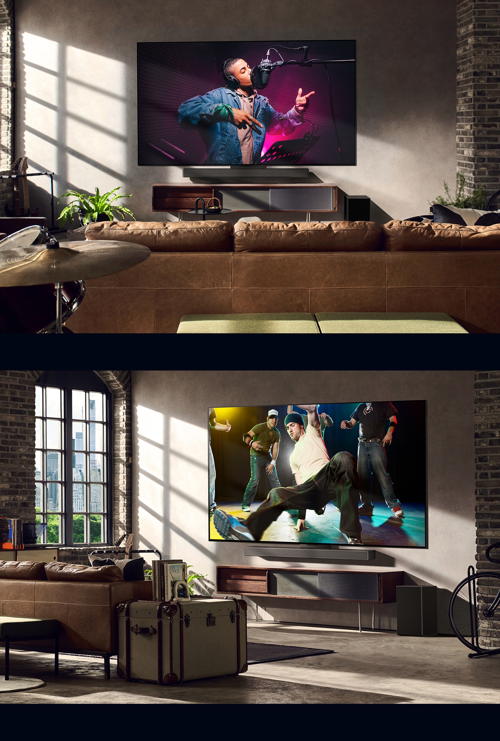 There are three lifestyle images. From top to bottom: three men are enjoying a concert video in the living room. There's an LG TV on the wall displaying a music recording scene, and the LG TV on the wall showing a breaking dance scene in a diagonal view.