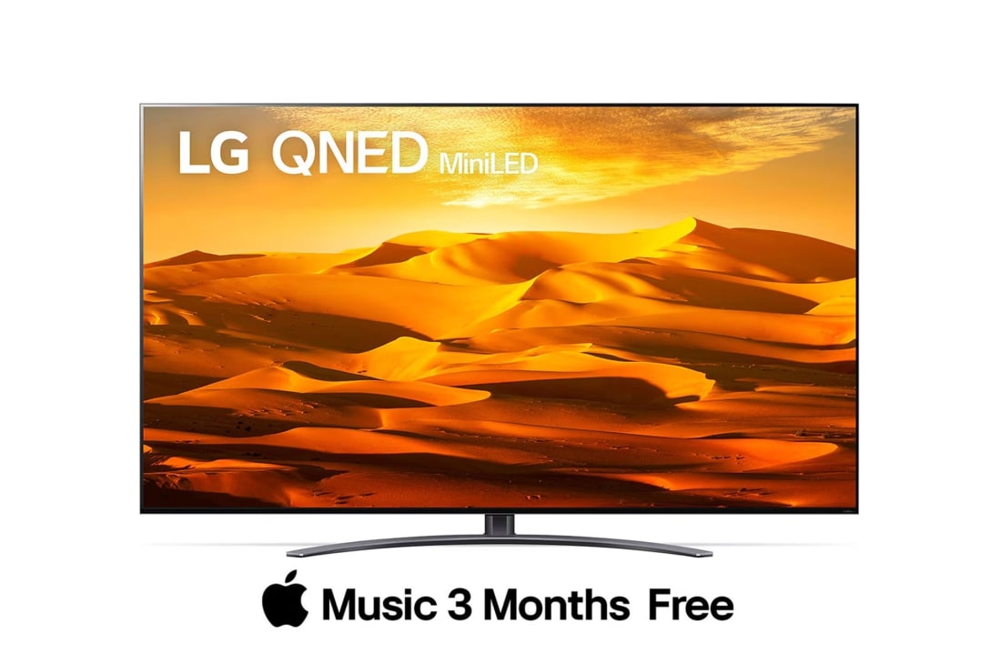 LG تلفزيون LG QNED بحجم 86 بوصة من سلسلة QNED91، بتصميم شاشة سينمائية، بدقة ووضوح 4K بتقنية Cinema HDR، يعمل بنظام التشغيل webOS22 مع تقنية الذكاء الاصطناعي ThinQ وتقنية Mini LED, front view, 86QNED916QA