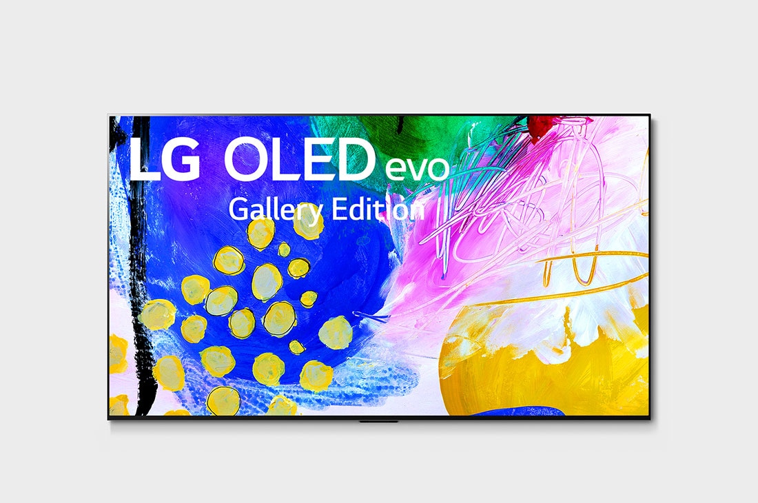 LG تلفزيون LG OLED evo بحجم 77 بوصة من السلسلة G2 بتصميم شاشة Gallery بدقة وضوح 4K بتقنية Cinema HDR ويعمل بنظام التشغيل webOS22 مع تقنية الذكاء الاصطناعي ThinQ وتقنية تعتيم البكسل, مظهر أمامي يوضح إصدار المعرض من تلفزيون OLED evo من إل جي على الشاشة, OLED77G26LA