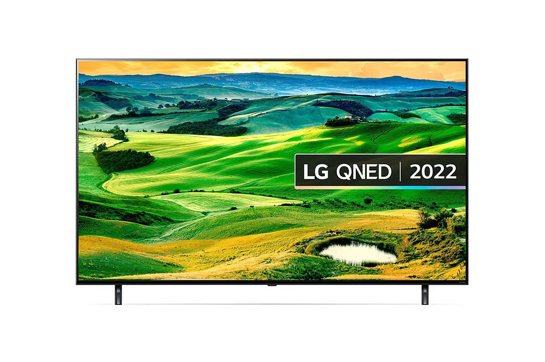 LG تلفزيون ال جي QNED مقاس 55 بوصة من سلسلة QNED80 مع 4K HDR وجهاز التحكم عن بعد السحري وWebOS, مظهر أمامي لتلفزيون QNED من إل جي مع صورة ملء الفراغات وشعار المنتج, 55QNED806QA