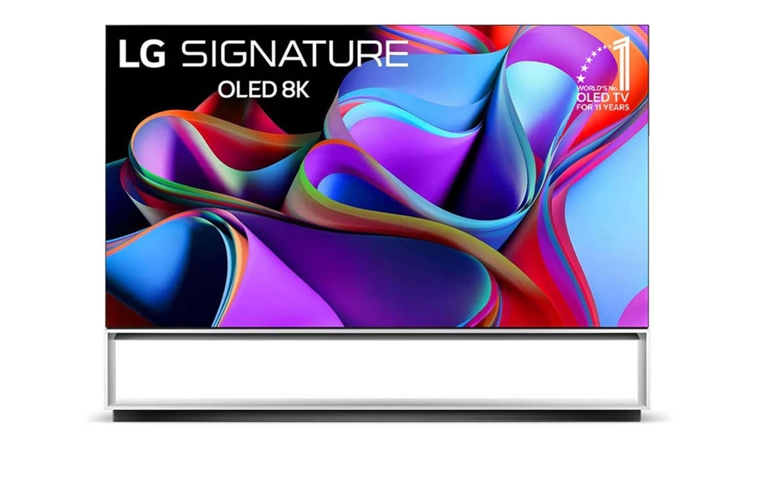 LG تلفزيون LG SIGNATURE OLED 8K Z3 الذكي مقاس 88 بوصة, منظر أمامي لتلفزيون LG OLED 8K evo، وشعار تلفزيون OLED رقم 1 في العالم لمدة 10 سنوات، وشعار ضمان لمدة 5 سنوات على الشاشة., OLED88Z36LA