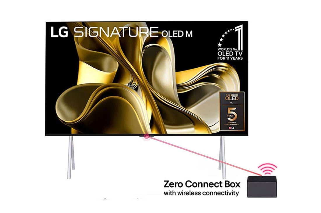 LG تلفزيون LG SIGNATURE OLED M3 الذكي الأول من نوعه على مستوى العالم بخاصية True Wireless TV مقاس 97 بوصة مع إمكانية نقل الصوت والفيديو لاسلكيًا بدقة 4K 120Hz  , منظر أمامي لتلفزيون LG OLED evo وشعار "تلفزيون OLED رقم 1 في العالم طوال 11 أعوام" وشعار ضمان لمدة 5 أعوام على الشاشة, OLED97M36LA