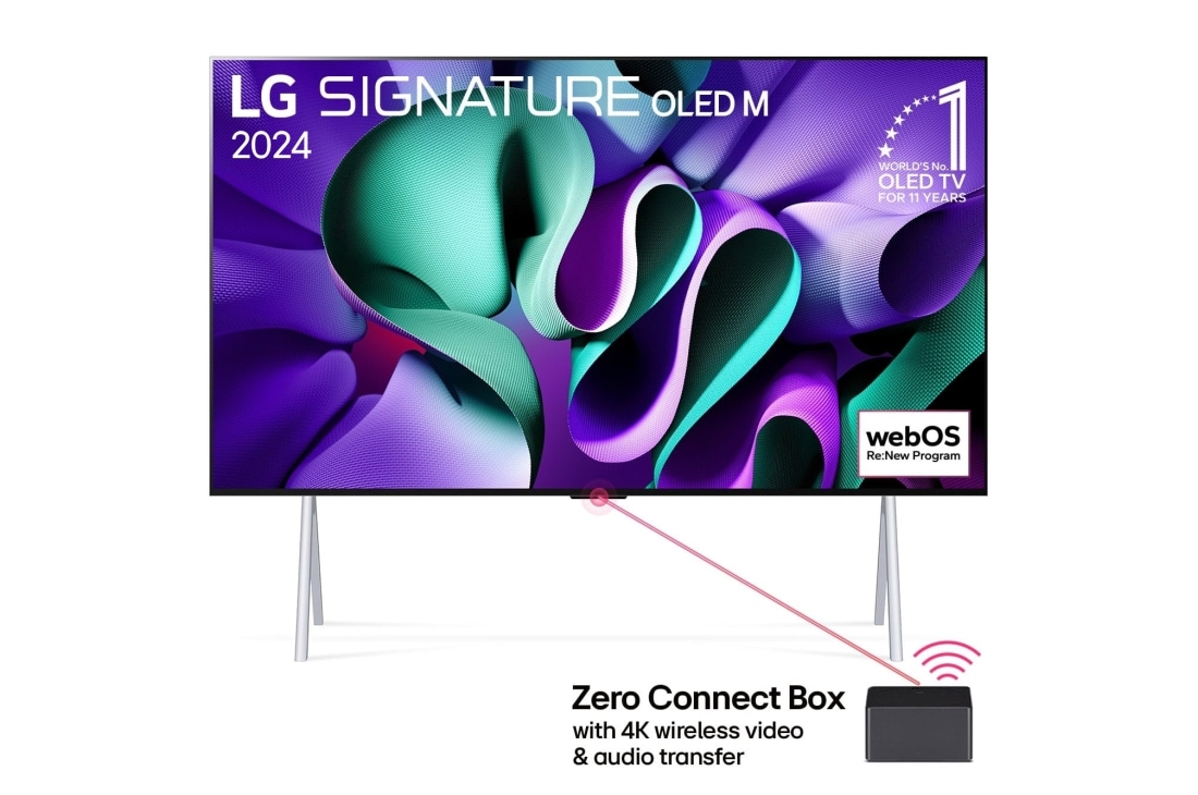 LG تلفزيون LG SIGNATURE OLED M4 بخاصة True Wireless الذكي مقاس 97 بوصة مع إمكانية نقل الصوت والفيديو لاسلكيًا بدقة 4K 120Hz , صورة أمامية لشاشة LG OLED M4 مثبتة على حامل وأسفلها صندوق Zero Connect Box، يظهر على الشاشة شعار OLED رقم 1 في العالم منذ 11 عامًا وشعار webOS Re:New Program وشعار الضمان لمدة خمس سنوات, OLED97M46LA