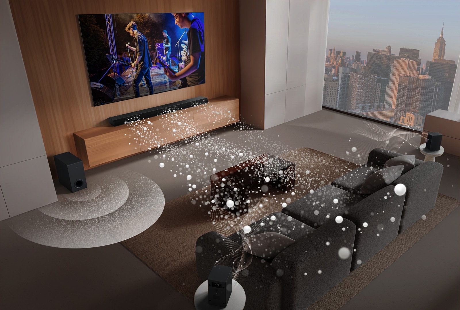 An image of an LG TV and LG Soundbar in a living room playing a musical performance. White soundwaves made up of droplets project from the soundbar, looping around the sofa and living space to depict surround sound.