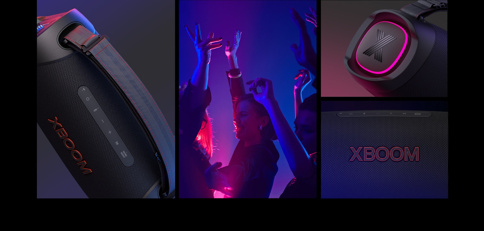 College. From left, close up view of LG XBOOM Go XG8T. Next, an image of people enjoying the music. On the right from top to bottom: close-up view of the speaker with pink lighting and XBOOM logo.