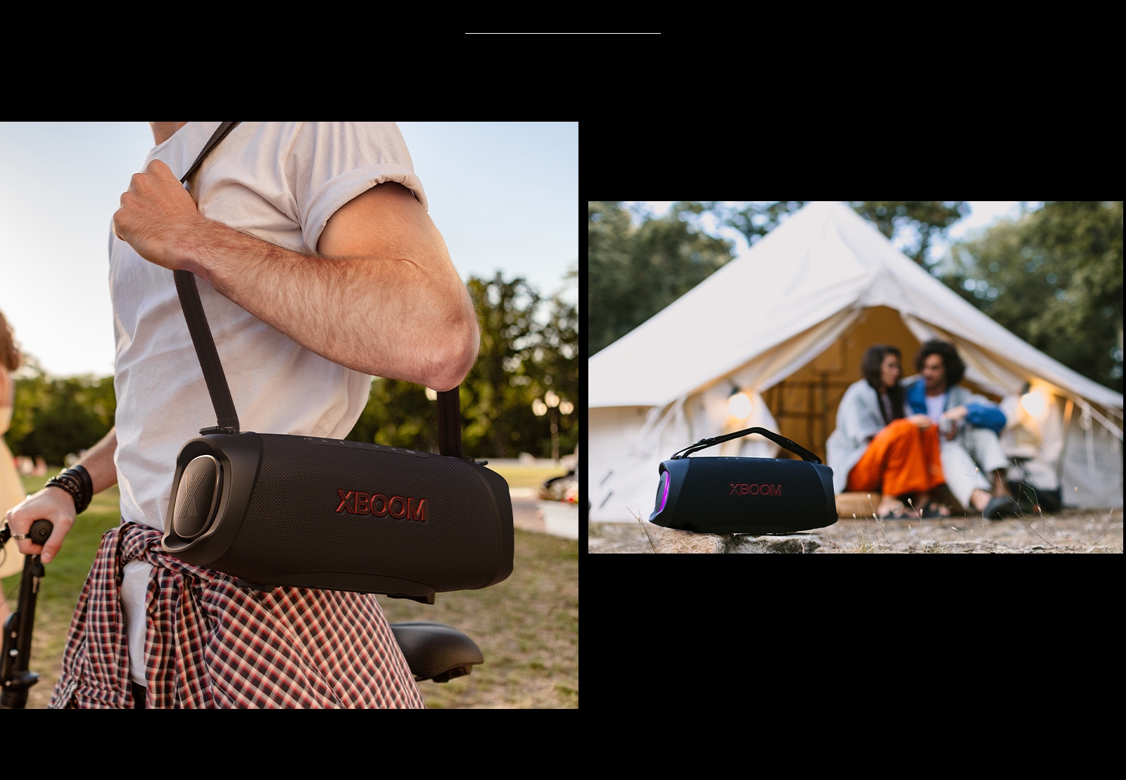 On the left, a man uses shoulder strap to carry XG8T at the park. On the right, XG8T is placed on the rock. Behind the speaker a couple enjoying their time at the campsite.