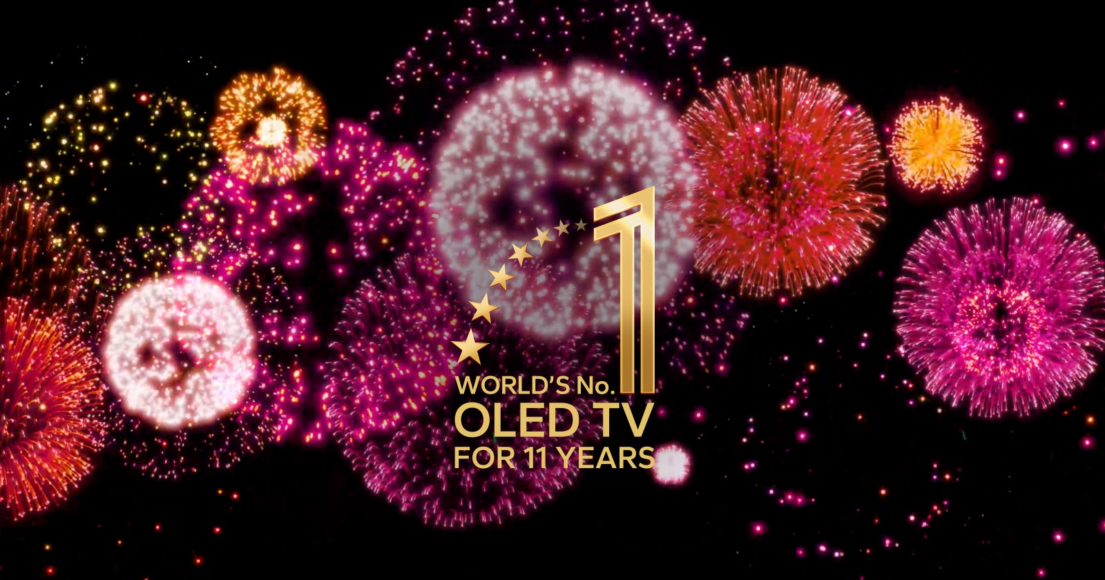 A video shows the 11 Years World's No.1 OLED TV emblem appear gradually against a black backdrop with purple, pink, and orange fireworks. 