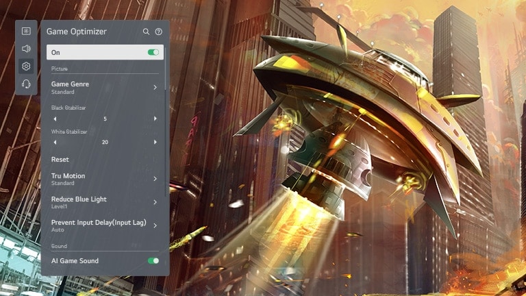 Un écran de télévision affichant un vaisseau spatial en train de tirer dans une ville et l'interface graphique de l'optimiseur de jeu LG OLED sur la gauche qui ajuste les paramètres du jeu.