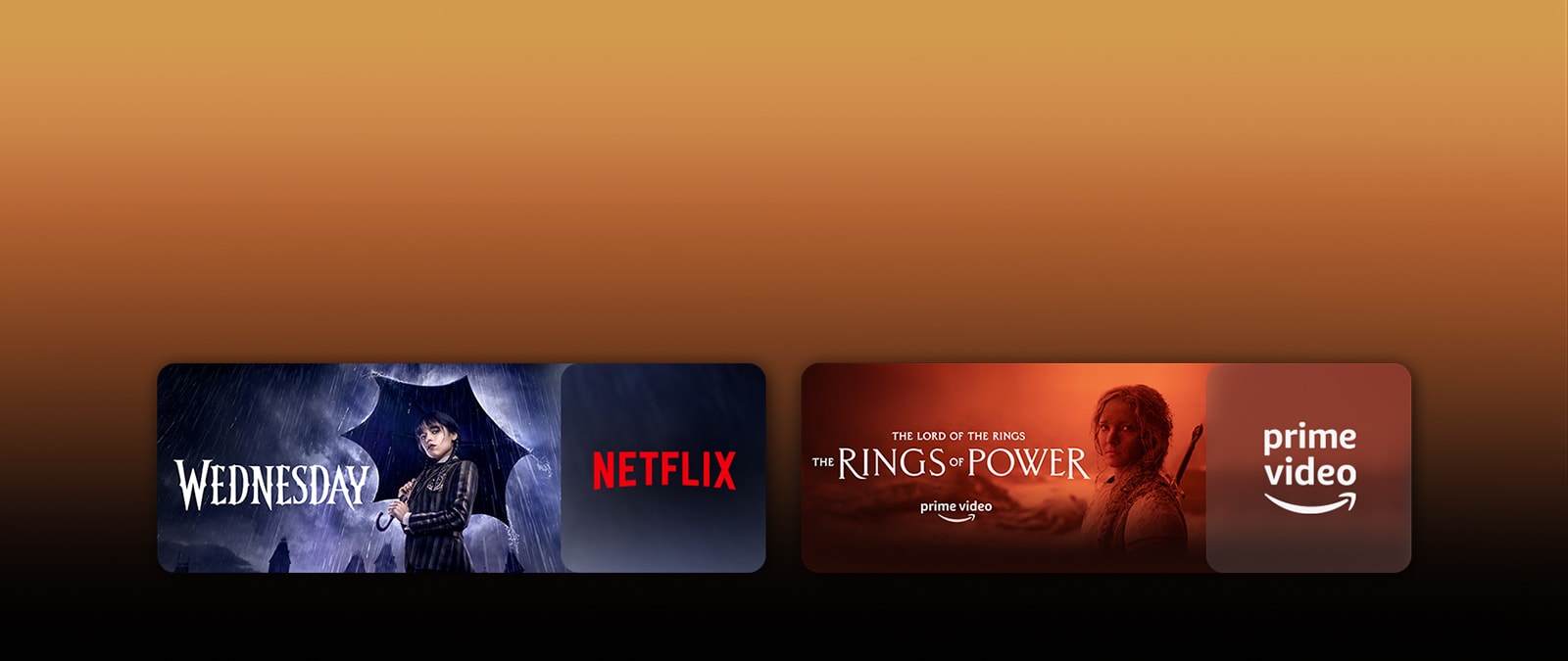 There are logos of streaming service platforms and matching footages right next to each logo. There are images of Netflix's Wednesday, Apple TV's TED LASSO, Paramount+'s Tulsa King, PRIME VIDEO's The rings of power, sky showtime's TOP GUN, and LG CHANNELS' leopard.