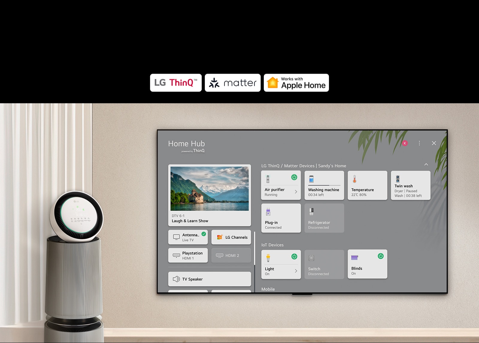 A logo of LG ThinQ™, matter, and Apple Home. An LG TV mounted on a wall and an LG PuriCare™ Objet Collection 360° on the left. The TV displays Home Hub and a cursor clicks "Air purifier" and the LG PuriCare™ Objet Collection 360° is activated. 