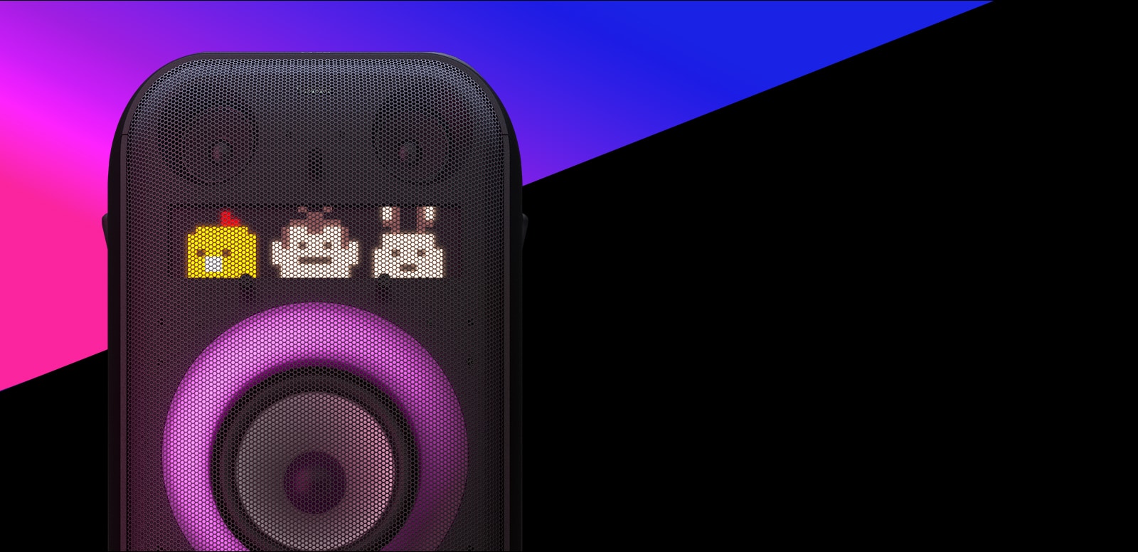 Text is placed on the purple gradient area, below there is a diagonal black colored area. The speaker is placed in between, showing pixel art display and multi color ring lighting.