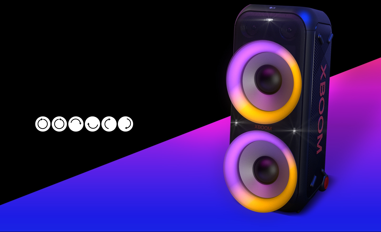 Text is placed on the black colored area, and the pictogram of multi color ring lighting's movements are shown; clockwise, counter-clockwise, upper and lower semicircle, left and right semicircle, and flash effect. The speaker is placed 45 degree angle to the left. And there is purple gradient colored area underneath for design purpose. 8-inch woofers are exaggerated in order to highlight its various colors.