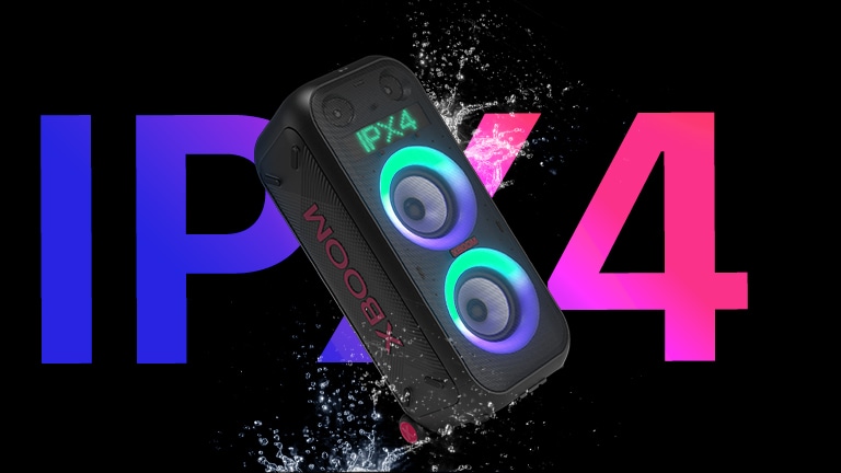 Diagonal view of the speaker. Water is sprayed over the product, in order to emphasize IPX4 rating.A word 'IPX4' is written behind for design purpose.