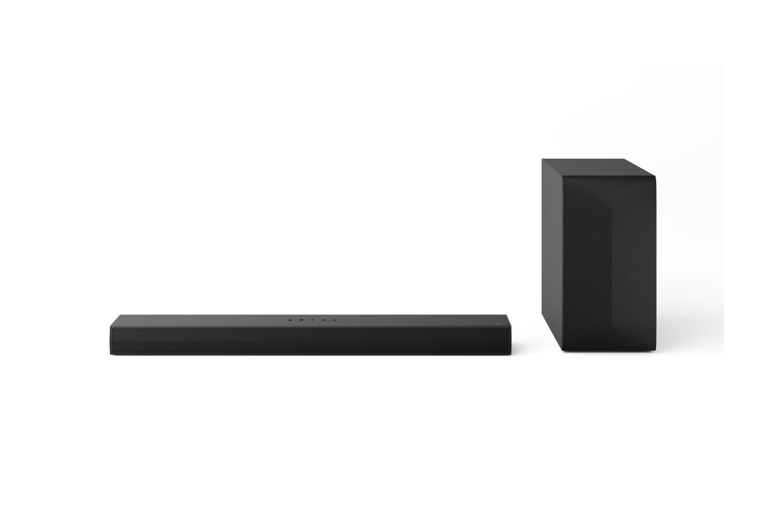 LG Soundbar for TV with Dolby Audio 3.1 Ch, S60T, Front view of LG Soundbar S60T, Sub Woofer, and Rear Speakers, S60T