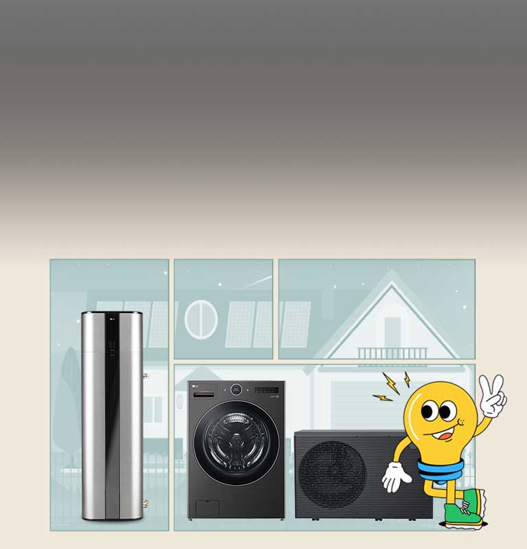 Heat pump water heater, washer, and HVAC system with lightbulb mascot promoting home electrification solutions.