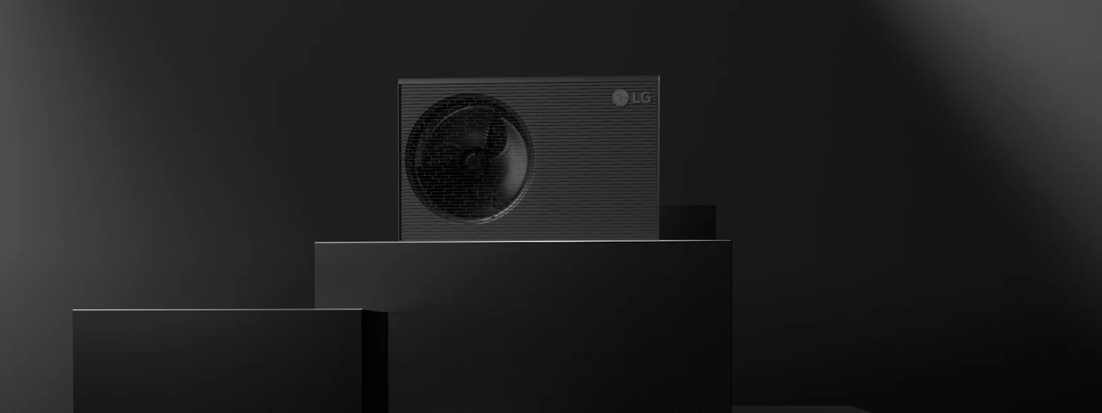 A full shot and close-up of the R290 Monobloc with the running fan mounted on the left side. Its refined grey fits seamlessly with a building's exterior.