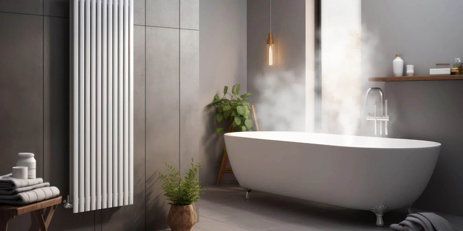 The R290 indoor unit is installed on the left side of the residential bathroom, and steam is rising from the white bathtub on the right.