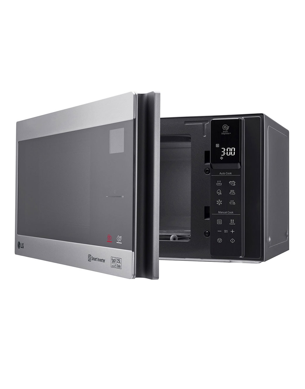 LG Microwave Oven, 25litres, Silver, Smart Inverter with 10year warranty, Smart Auto Cook, Full Glass Touch/Dual Control, LED Lighting, Right-Side-Open-view, MS2595CIS