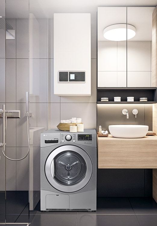 The Condensing Type Dryer is shown in a bathroom, with two side by side in a utility room, with two dryers stacked one on top of the other on a veranda, and with one in a living room closet. 