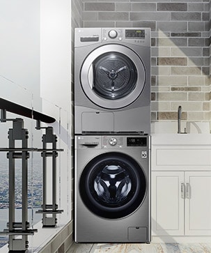 The Condensing Type Dryer is shown in a bathroom, with two side by side in a utility room, with two dryers stacked one on top of the other on a veranda, and with one in a living room closet. 