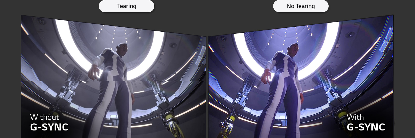 The mark of NVIDIA G-SYNC, Side-by-side comparison of LCD/LED versus OLED, showing the identical game scene to show the difference of screen tearing