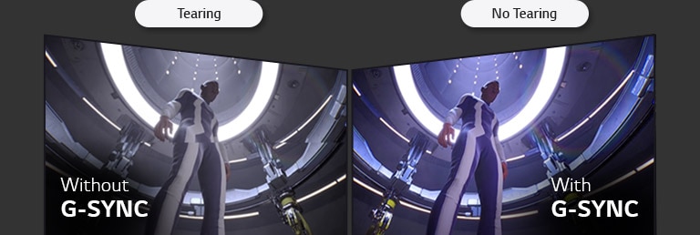 The mark of NVIDIA G-SYNC, Side-by-side comparison of LCD/LED versus OLED, showing the identical game scene to show the difference of screen tearing