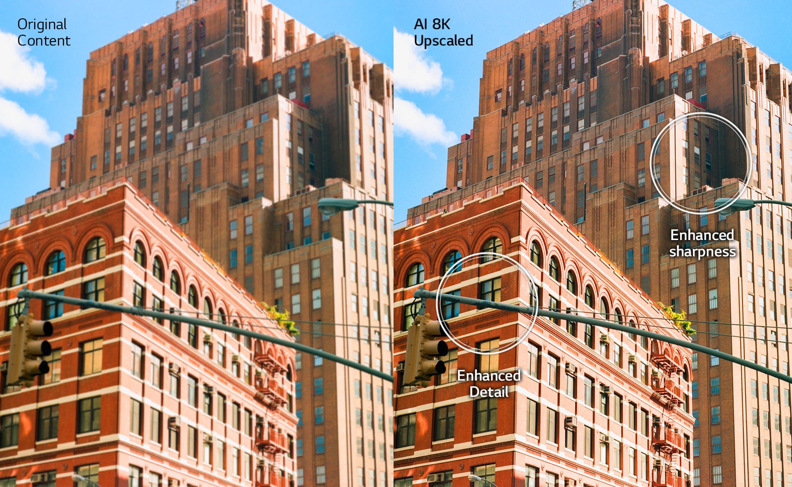 Side by side image of redbrick city buildings. The image on the right is sharper and clearer, showing how the image would be improved with AI 8K upscaling.