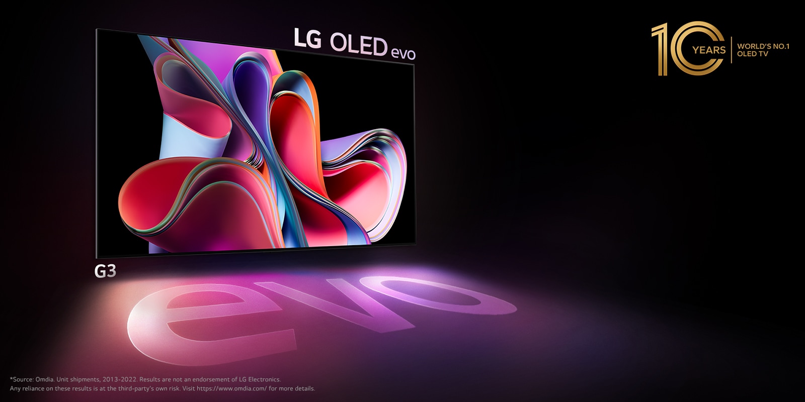 An image of LG OLED G3 against a black backdrop showing a bright pink and purple abstract artwork. The display casts a colorful shadow that features the word "evo." The "10 Years World's No.1 OLED TV" emblem is in the top left corner of the image. 