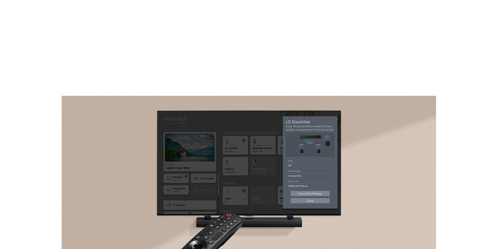 A remote control pointed at an LG TV showing settings on the right side of the screen.	