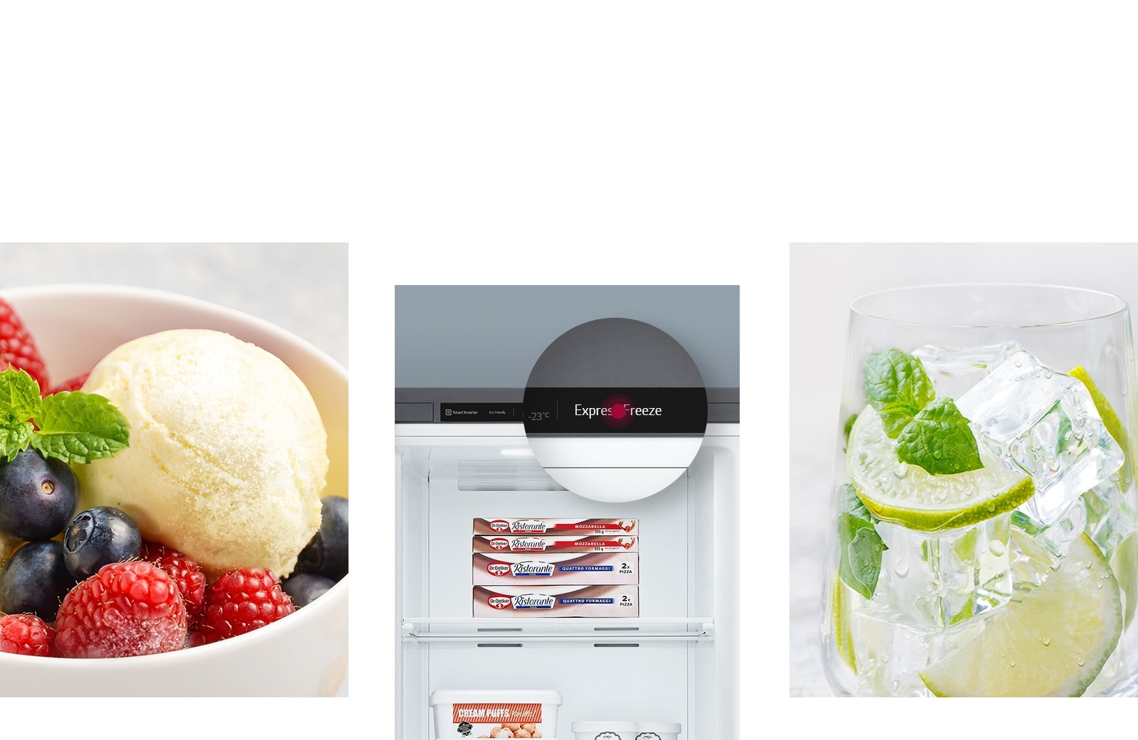One image shows a bowl of icecream with a fruit topping. A second image shows the interior of the freezer stocked with ice cream and a magnification bubble showing the "Express Freeze" button. A third image shows a drink with a lot of ice.