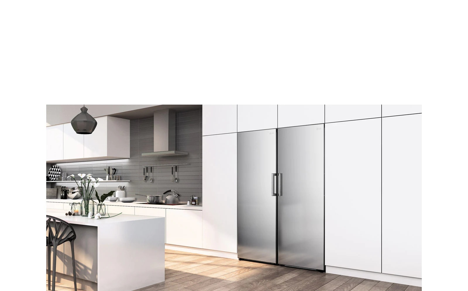 The freezer is shown at an angle seamlessly fitting in with the cabinets in a modern kitchen.