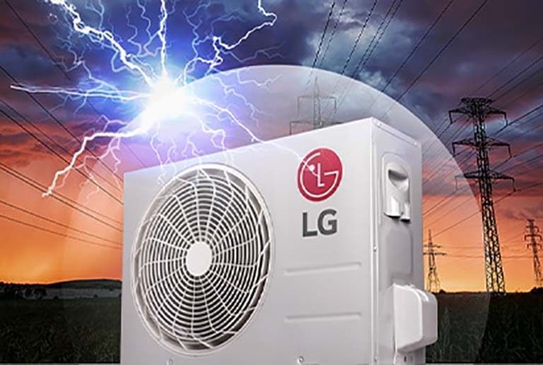 The LG fan that is outside of the house is shown with a dark lightning sky in the background. The LG Logo can be seen on the side of the engine.