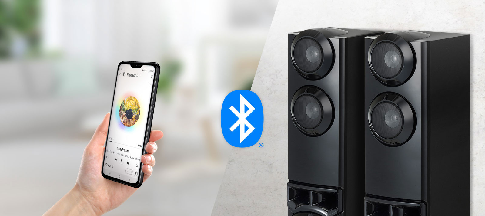 A smartphone and speakers are connected, and there is a Bluetooth logo between speakers and a smartphone.