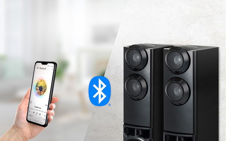 A smartphone and speakers are connected, and there is a Bluetooth logo between speakers and a smartphone.