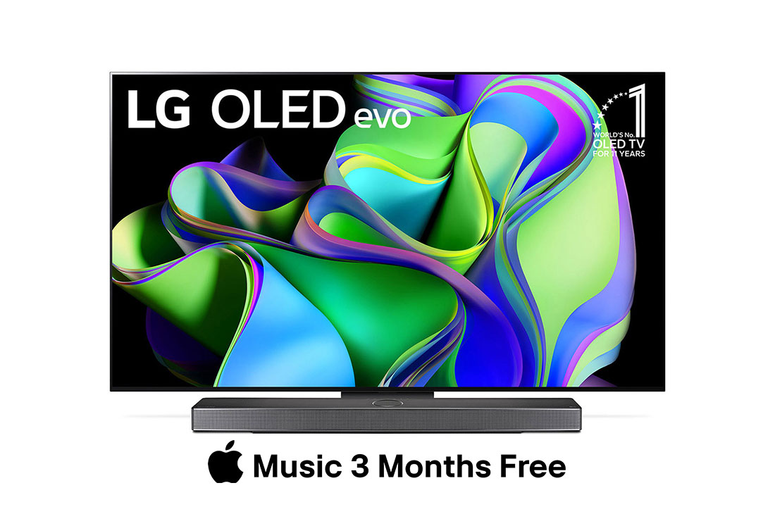 LG, OLED evo TV, 65 inch C3 series, WebOS Smart AI ThinQ, Magic Remote, 4 side cinema, Dolby Vision HDR10, HLG, AI Picture Pro, AI Sound Pro (9.1.2ch), Dolby Atmos, 1 pole stand, 2023 New, Front view with LG OLED evo and 10 Years World No.1 OLED Emblem on screen, as well as the Soundbar below. , OLED65C36LA