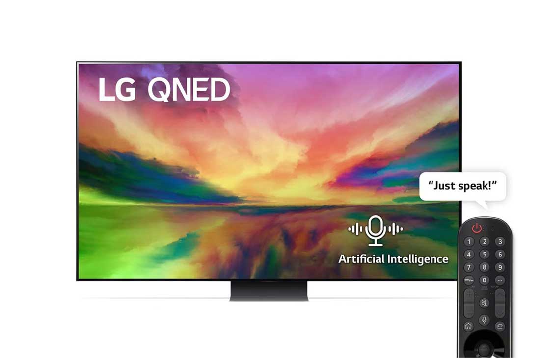 LG, Colour Technology QNED TV, 65 inch QNED81R series, WebOS Smart AI ThinQ, Magic Remote, AI Picture Pro, AI Sound Pro (5.1.2ch), 2023 New, A front view of the LG UHD TV with infill image and product logo on, 65QNED816RA