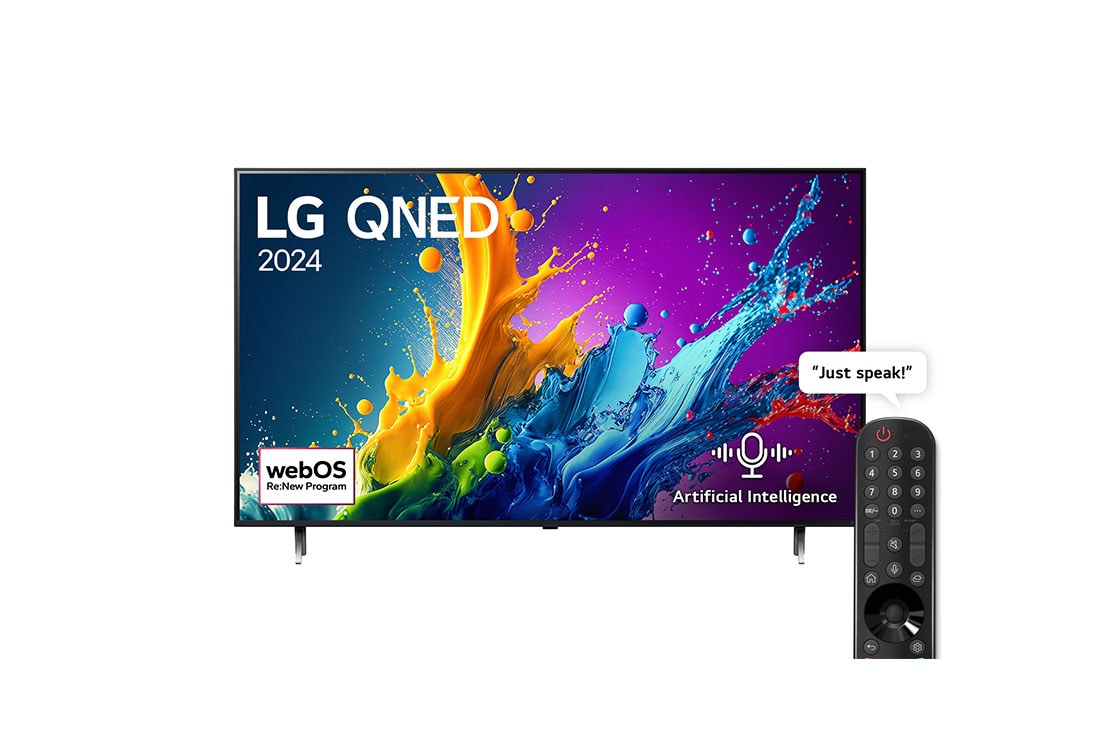 LG 86 Inch LG QNED QNED80 4K Smart TV AI Magic remote HDR10 webOS24 2024, Front view of LG QNED TV, QNED80 with text of LG QNED, 2024, and webOS Re:New Program logo on screen, 86QNED80T6B