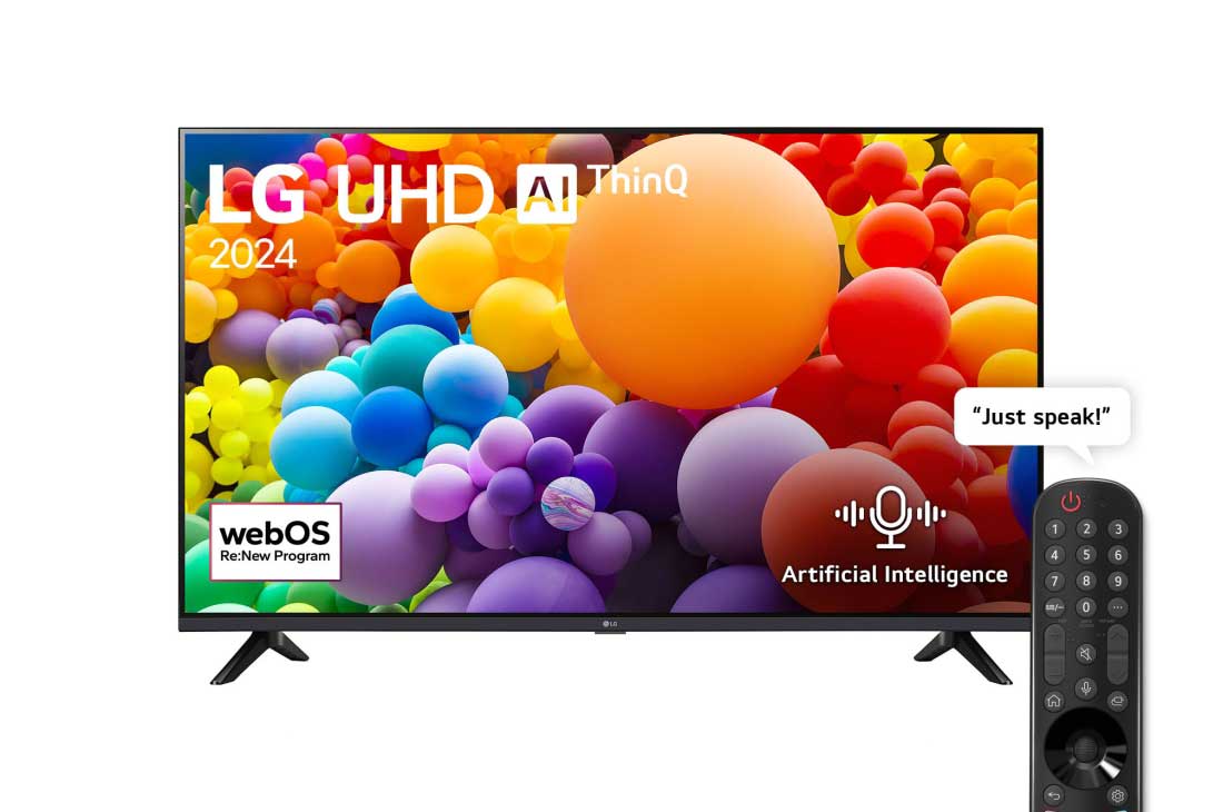 LG 65 Inch LG UHD AI UT73 4K Smart TV AI Magic remote HDR10 webOS24 2024, Front view of LG UHD TV, UT73 with text of LG UHD AI, 2024, and webOS Re:New Program logo on screen, 65UT73006LA