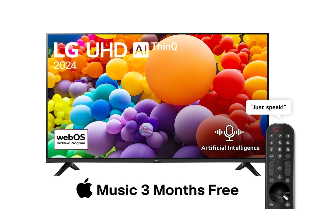 LG 65 Inch LG UHD UT73 4K Smart TV AI Magic remote HDR10 webOS24 2024, Front view of LG UHD TV, UT73 with text of LG UHD AI, 2024, and webOS Re:New Program logo on screen, 65UT73006LA